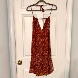 Indie Ella Rust orange Paisley boho halter plunge back dress 100% silk M/L